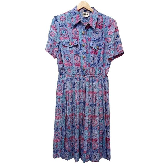 Leslie Fay Dresses & Skirts - VTG 80s Leslie Fay Shirtwaist Dress Size 14P Pleated Bohemian Medallion‎